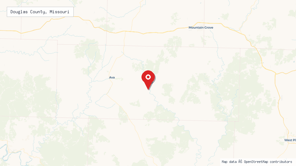 Street map of Douglas County, Missouri with location pin