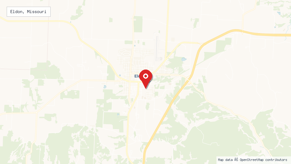 Street map of Eldon, Missouri with location pin