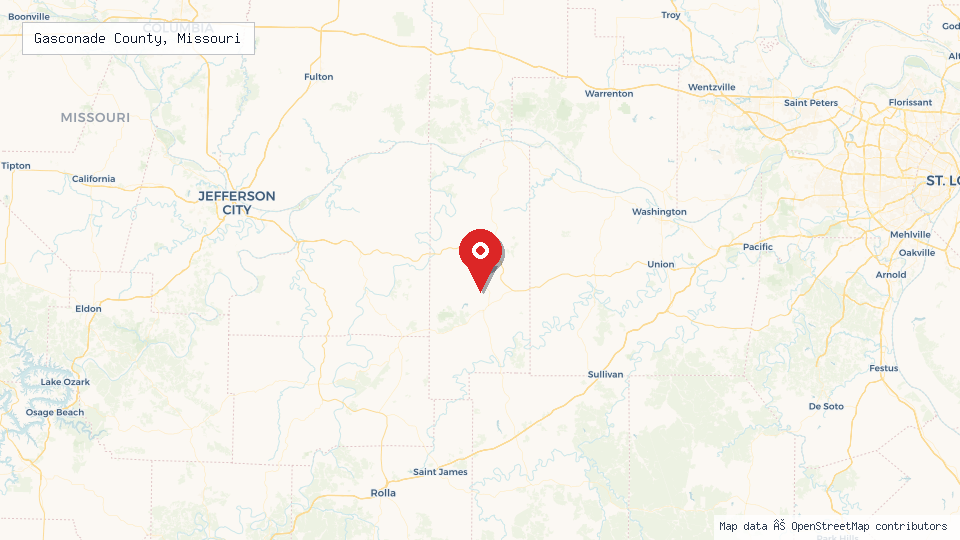 Street map of Gasconade County, Missouri with location pin