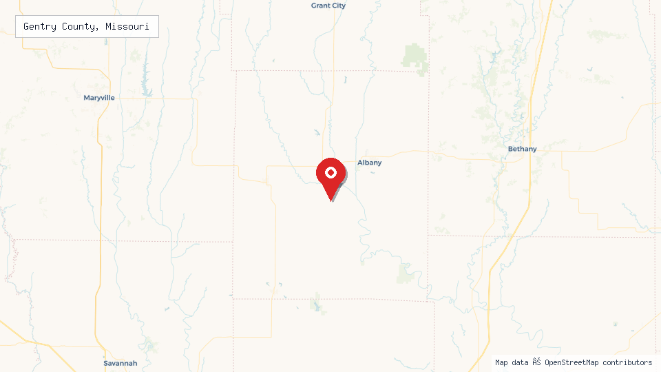 Street map of Gentry County, Missouri with location pin