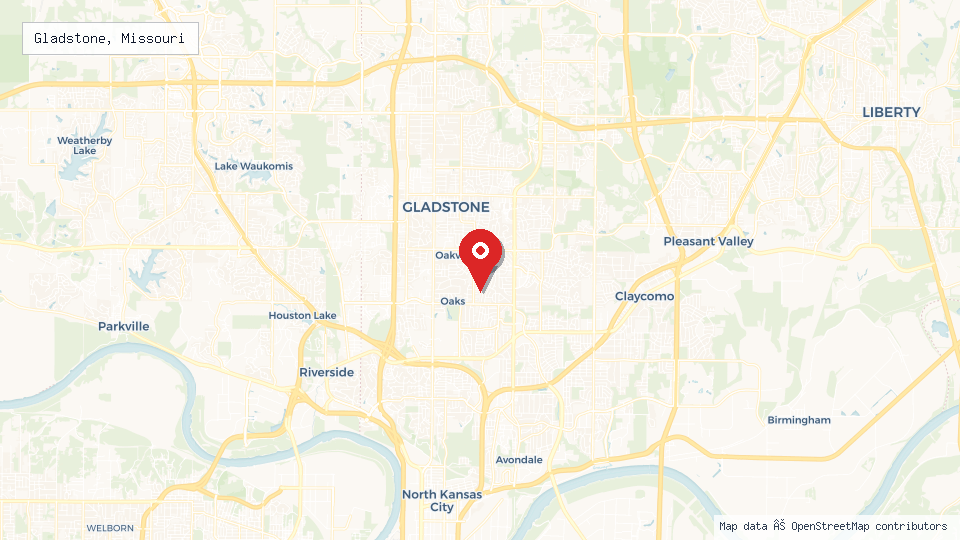 Street map of Gladstone, Missouri with location pin