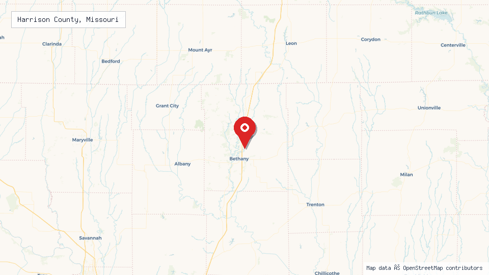 Street map of Harrison County, Missouri with location pin