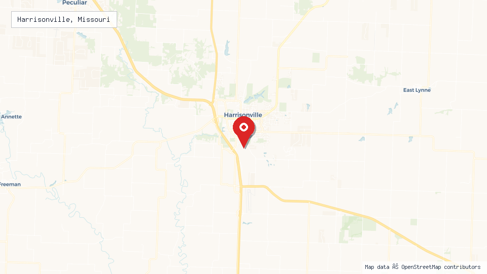 Street map of Harrisonville, Missouri with location pin