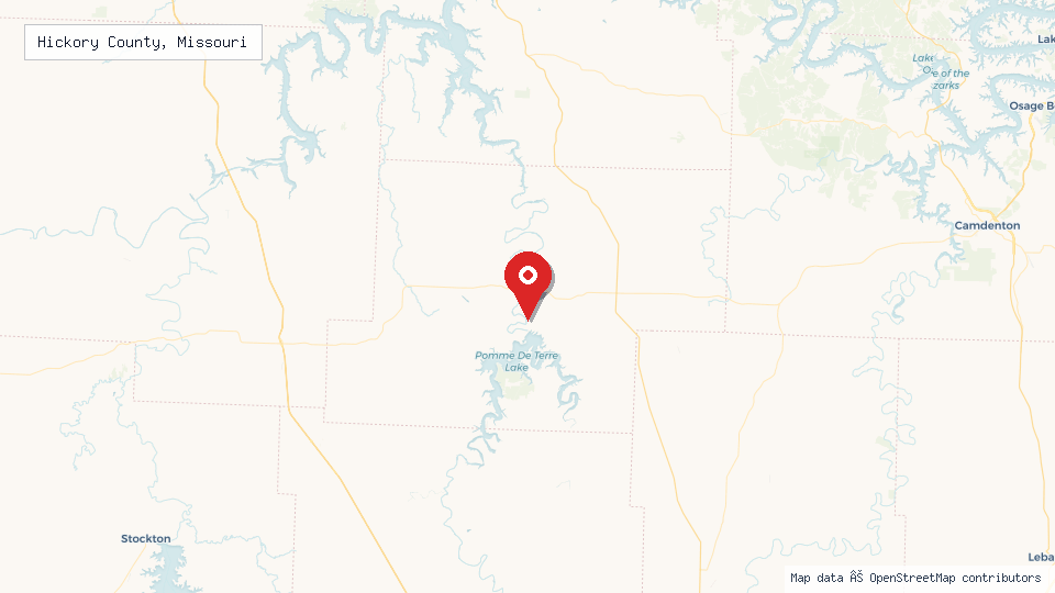 Street map of Hickory County, Missouri with location pin