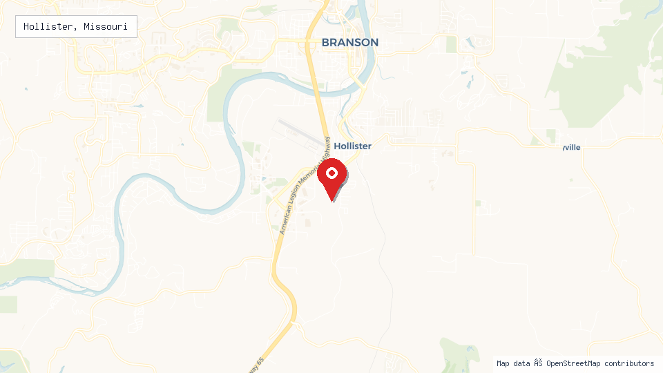 Street map of Hollister, Missouri with location pin