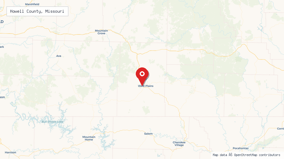 Street map of Howell County, Missouri with location pin