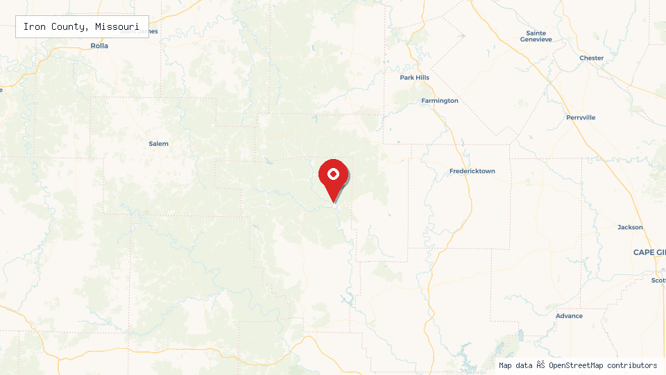 Street map of Iron County, Missouri with location pin
