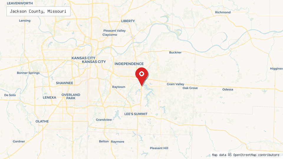 Street map of Jackson County, Missouri with location pin
