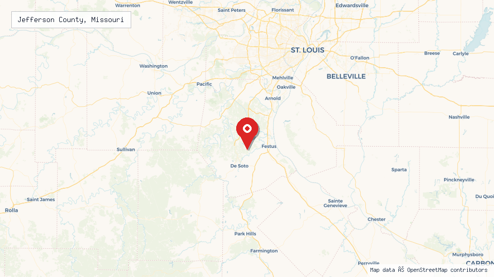 Street map of Jefferson County, Missouri with location pin