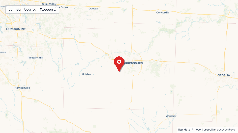Street map of Johnson County, Missouri with location pin