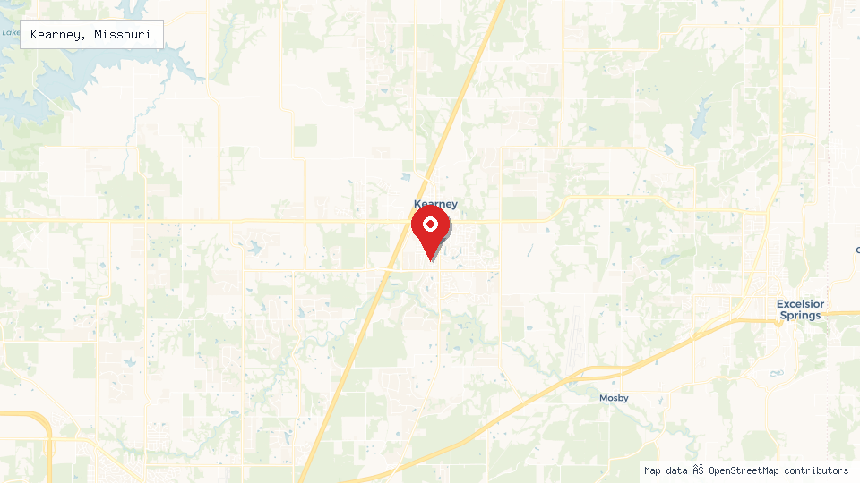 Street map of Kearney, Missouri with location pin