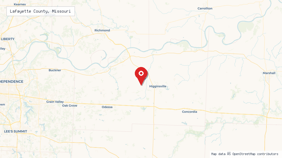 Street map of Lafayette County, Missouri with location pin
