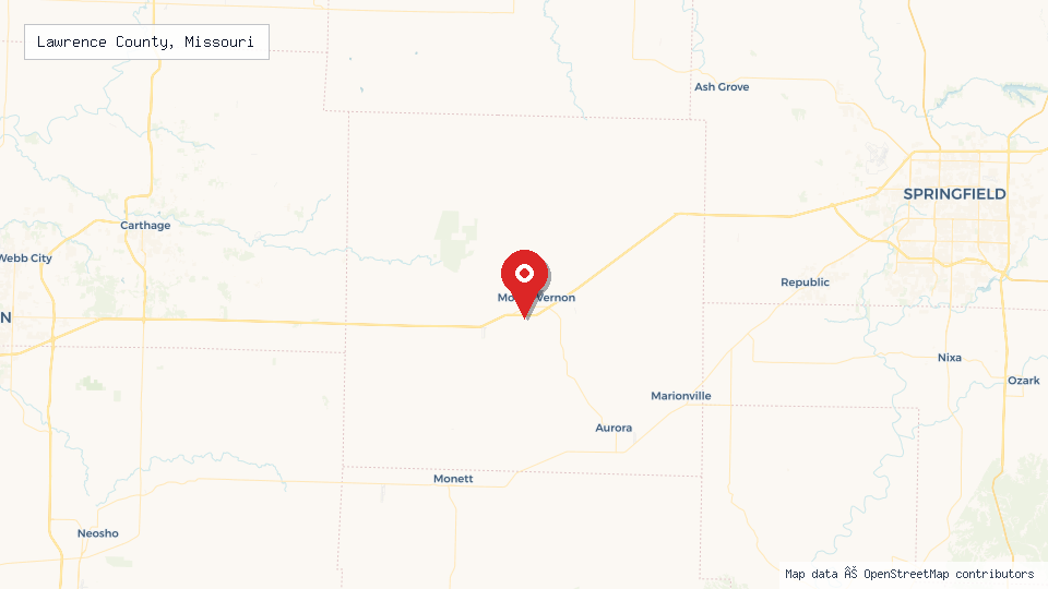 Street map of Lawrence County, Missouri with location pin