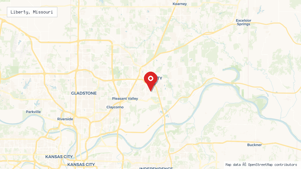 Street map of Liberty, Missouri with location pin