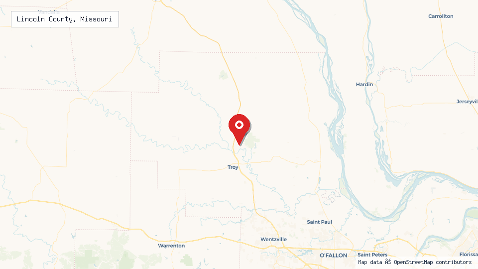 Street map of Lincoln County, Missouri with location pin