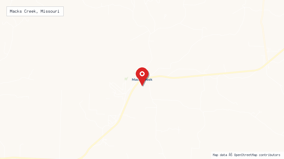 Street map of Macks Creek, Missouri with location pin