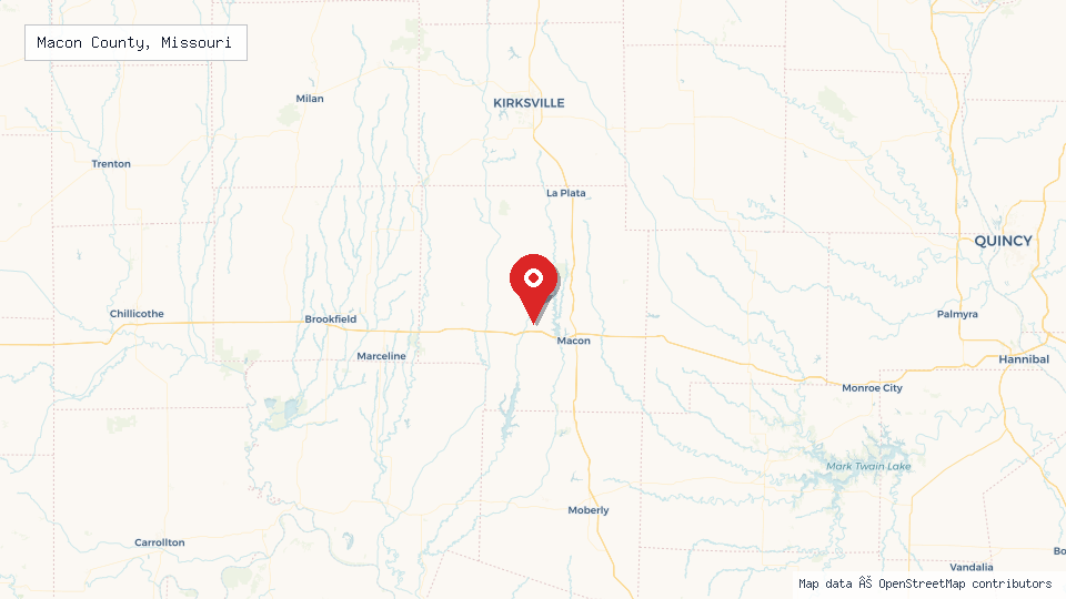 Street map of Macon County, Missouri with location pin
