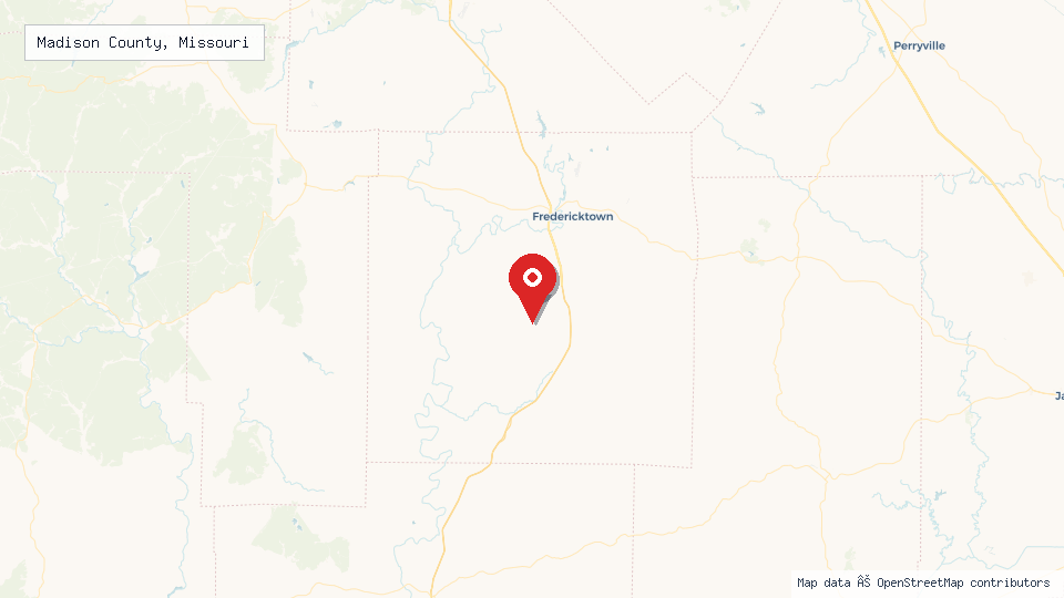 Street map of Madison County, Missouri with location pin