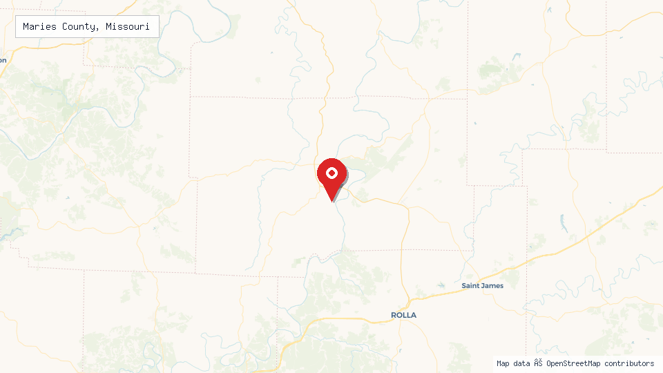 Street map of Maries County, Missouri with location pin