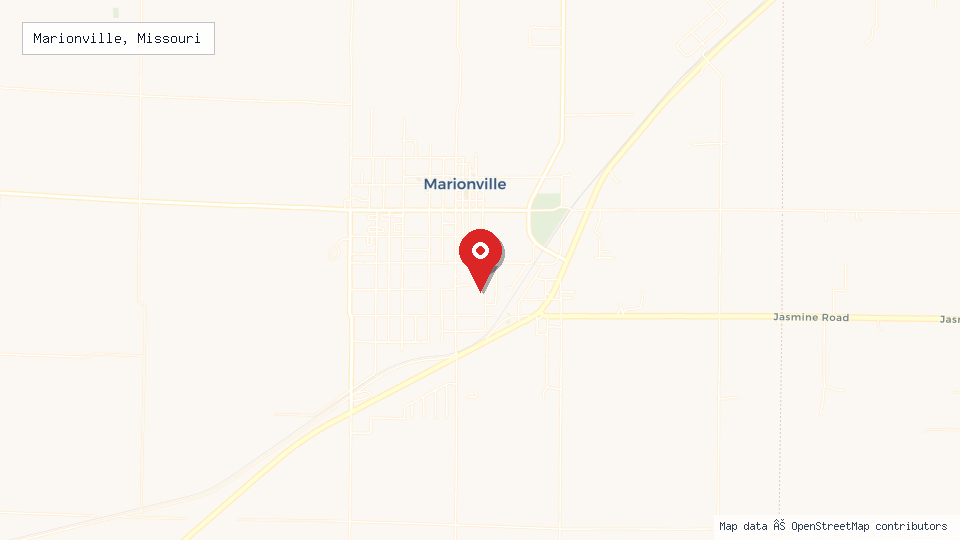 Street map of Marionville, Missouri with location pin
