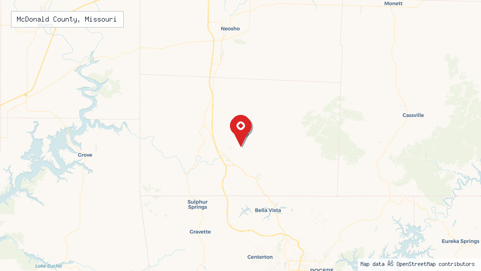 Street map of McDonald County, Missouri with location pin
