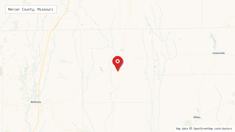 Street map of Mercer County, Missouri with location pin
