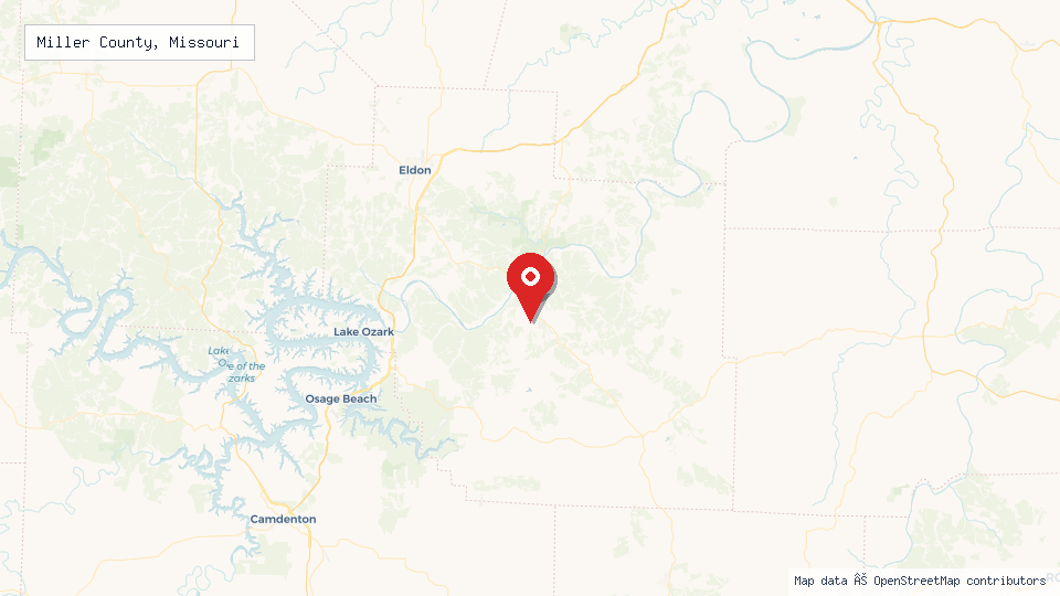 Street map of Miller County, Missouri with location pin