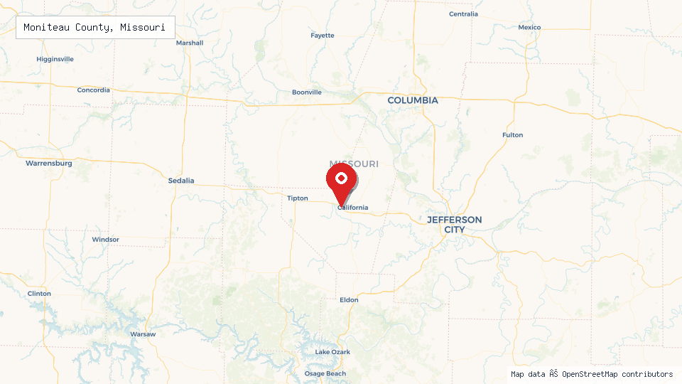 Street map of Moniteau County, Missouri with location pin