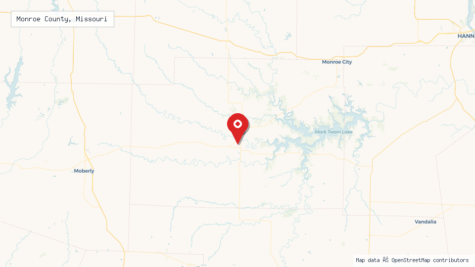 Street map of Monroe County, Missouri with location pin