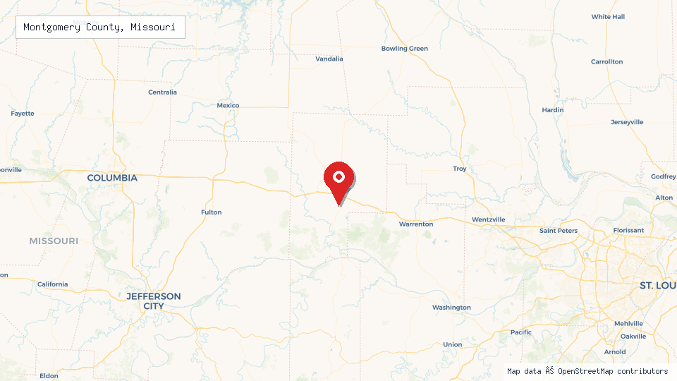 Street map of Montgomery County, Missouri with location pin