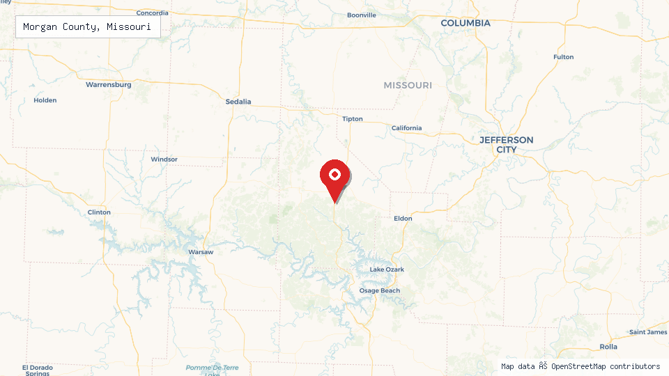 Street map of Morgan County, Missouri with location pin