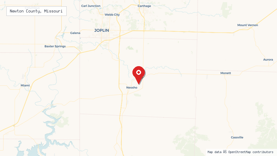 Street map of Newton County, Missouri with location pin