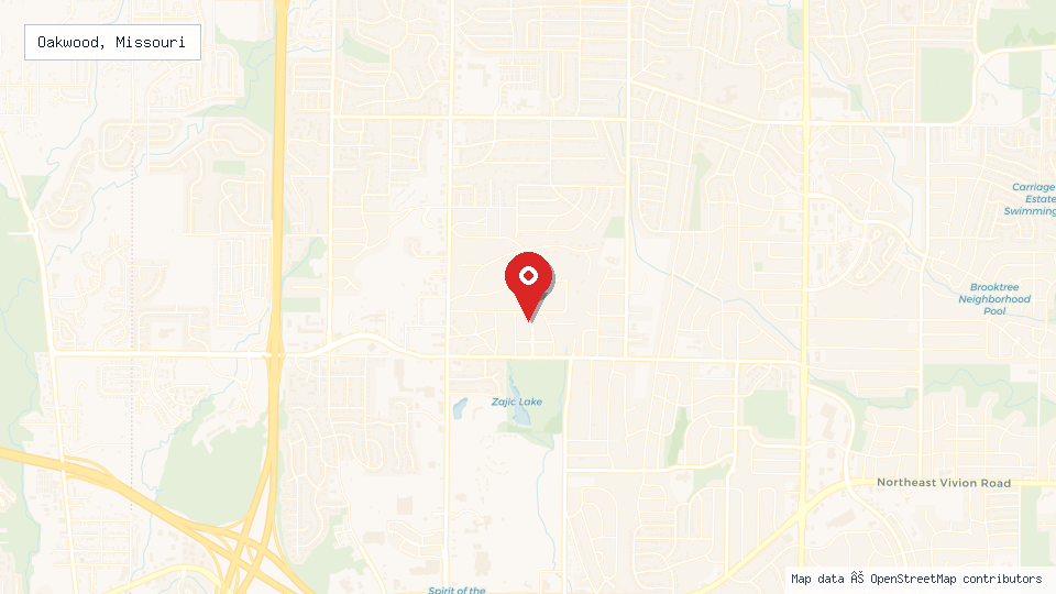 Street map of Oakwood, Missouri with location pin