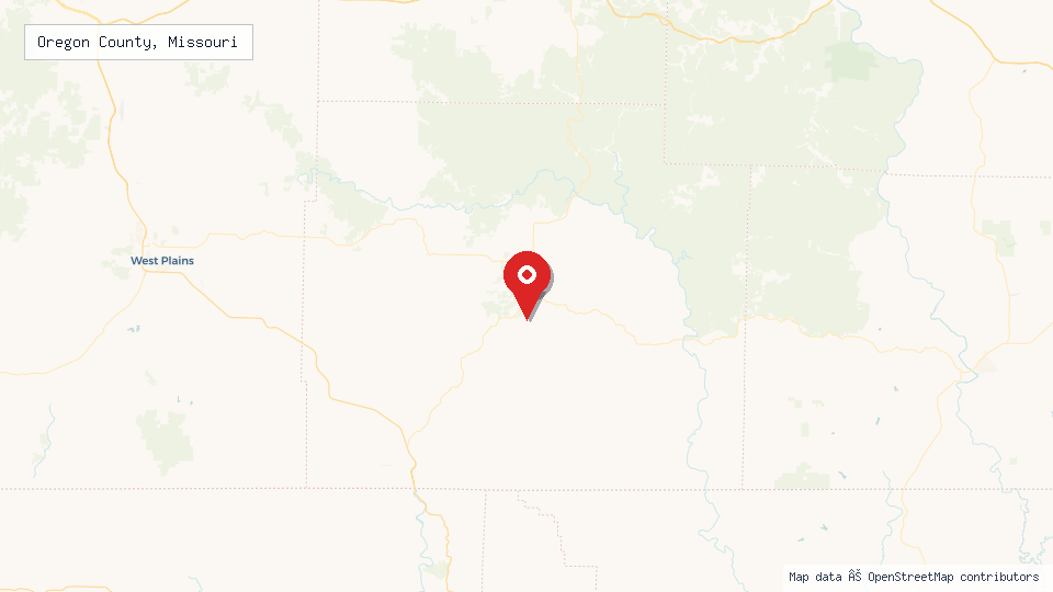 Street map of Oregon County, Missouri with location pin