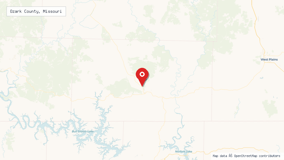 Street map of Ozark County, Missouri with location pin