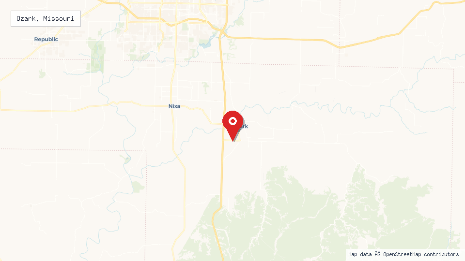 Street map of Ozark, Missouri with location pin