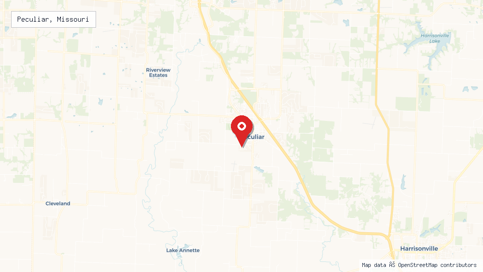 Street map of Peculiar, Missouri with location pin