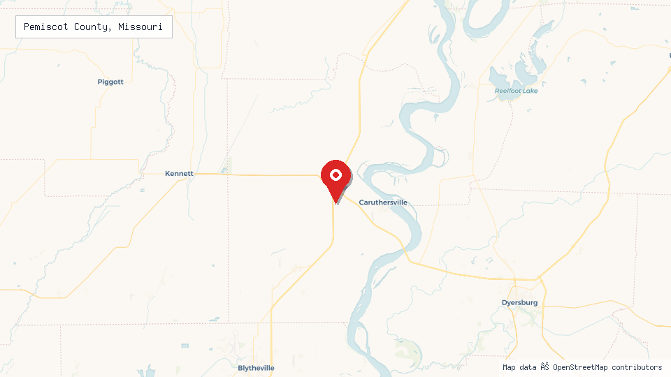 Street map of Pemiscot County, Missouri with location pin