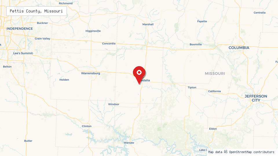 Street map of Pettis County, Missouri with location pin