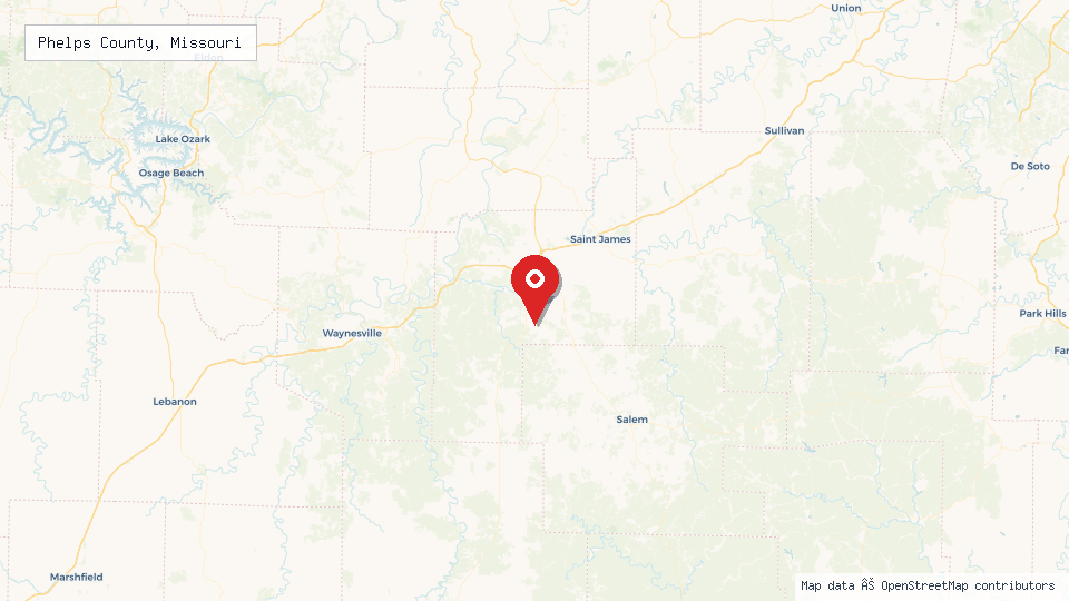 Street map of Phelps County, Missouri with location pin