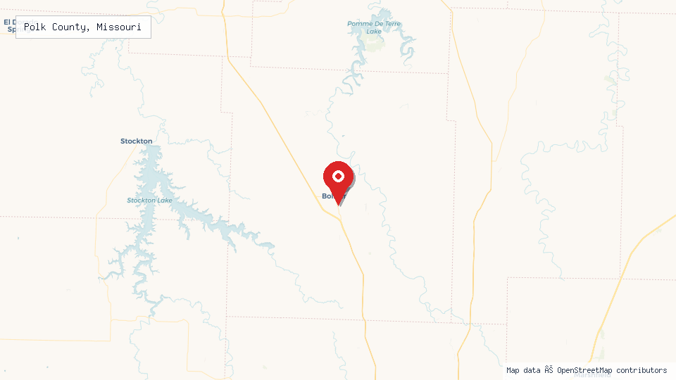 Street map of Polk County, Missouri with location pin