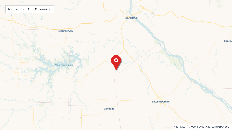 Street map of Ralls County, Missouri with location pin