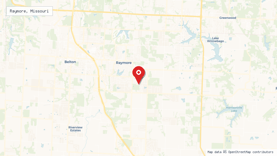 Street map of Raymore, Missouri with location pin