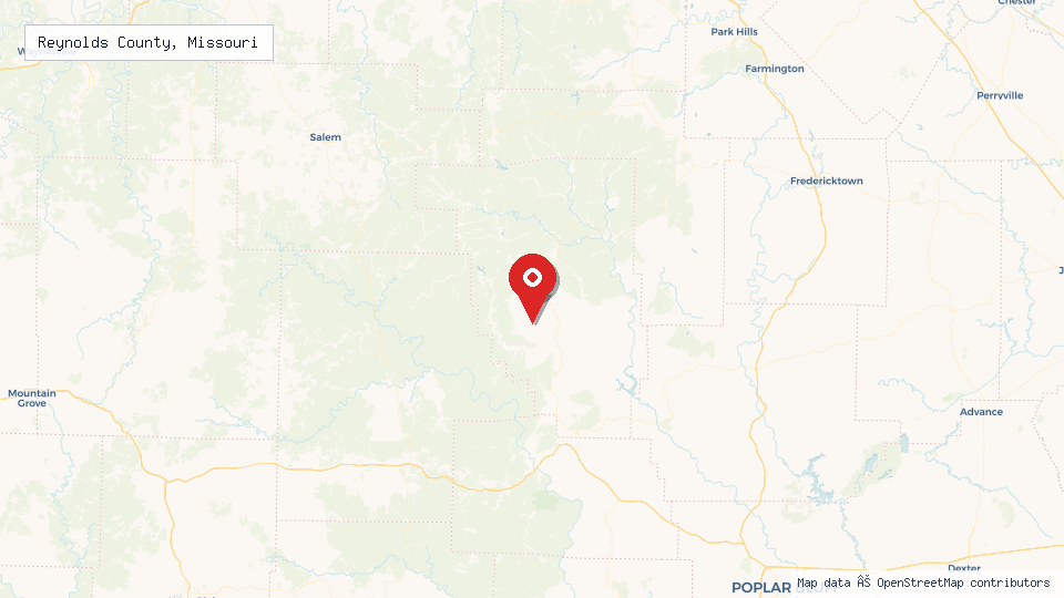 Street map of Reynolds County, Missouri with location pin