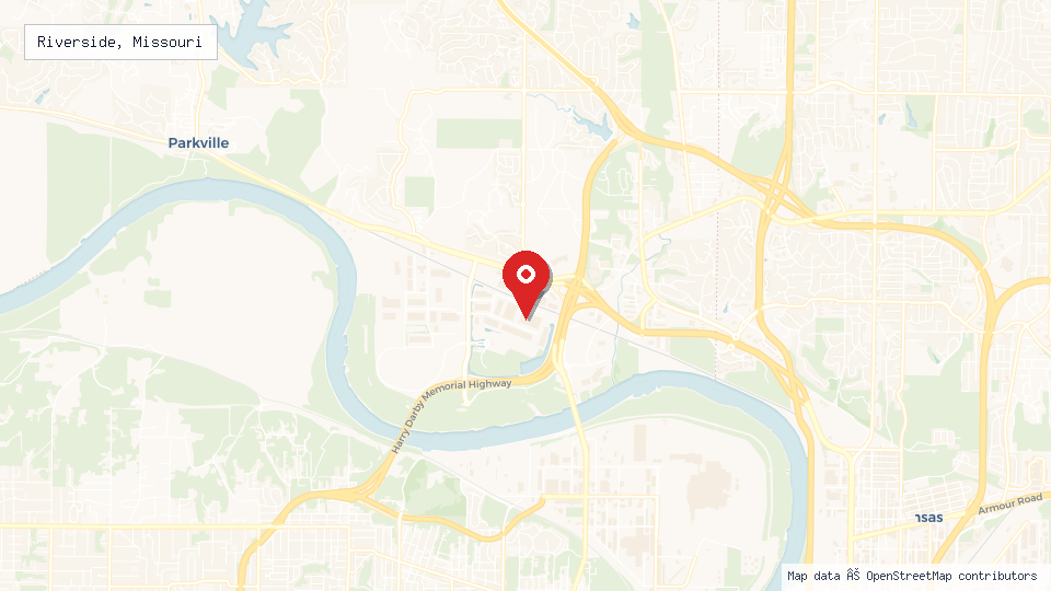 Street map of Riverside, Missouri with location pin