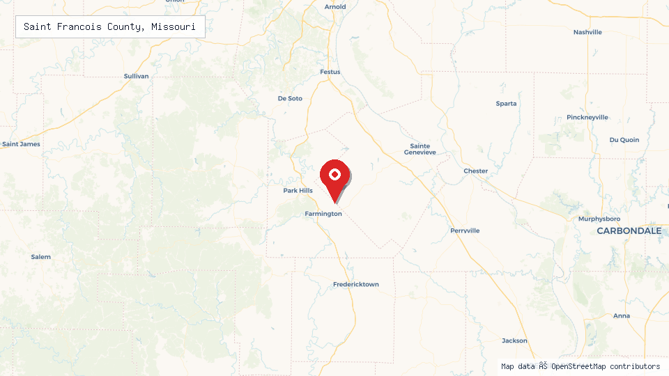 Street map of Saint Francois County, Missouri with location pin