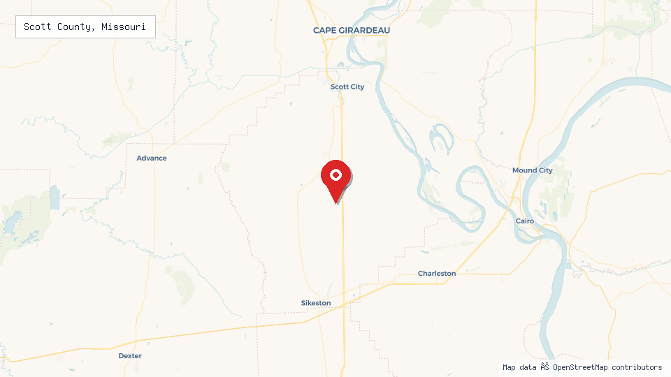 Street map of Scott County, Missouri with location pin