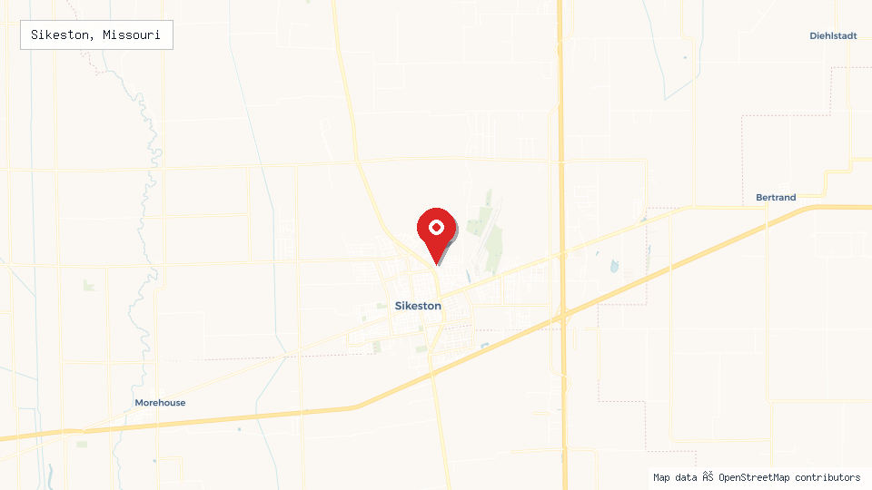 Street map of Sikeston, Missouri with location pin
