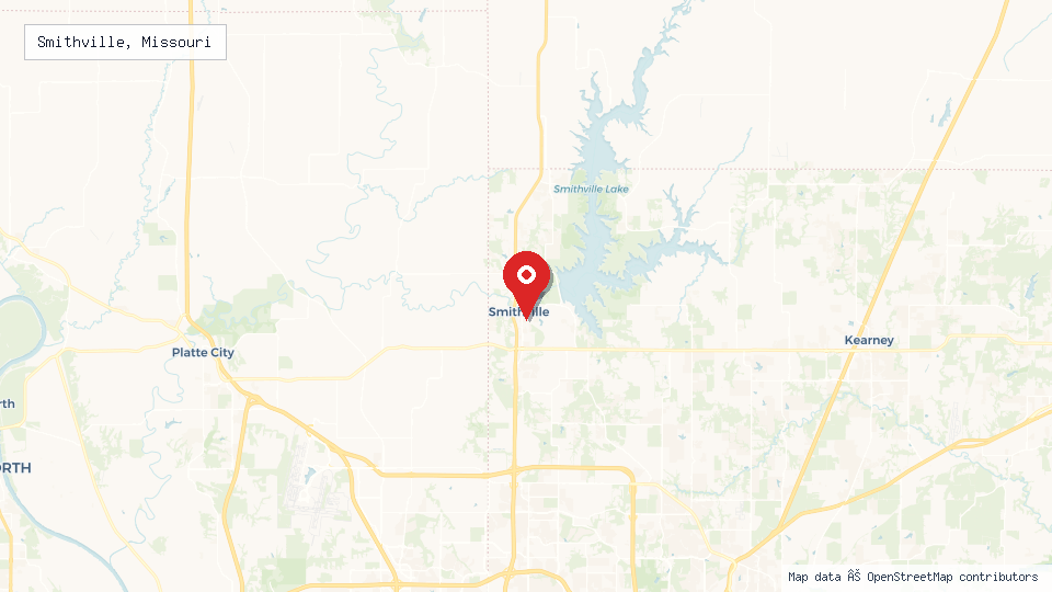 Street map of Smithville, Missouri with location pin