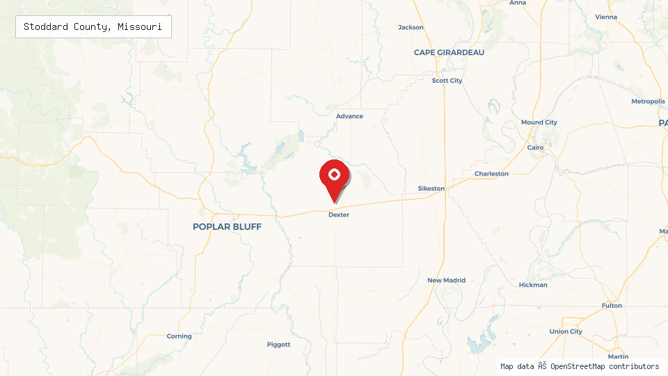 Street map of Stoddard County, Missouri with location pin
